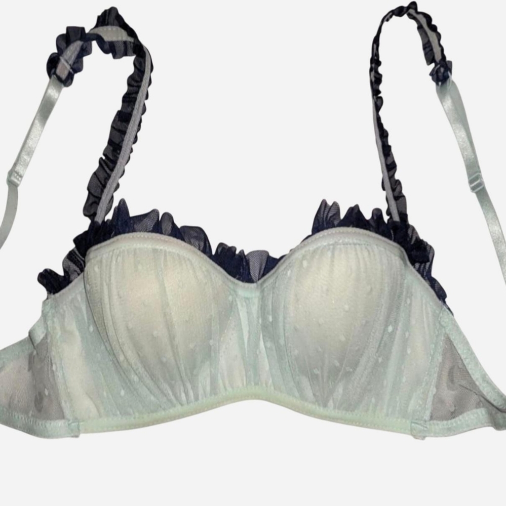 Early 2000s Y2K frilly pastel blue polka dot lace padded bra.